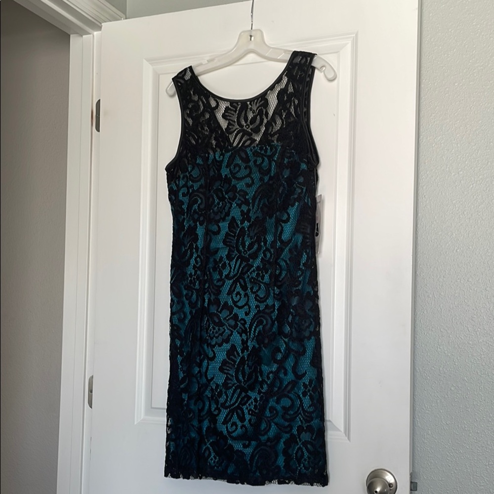 Elegant Black Lace Overlay Dress Size Medium NWT